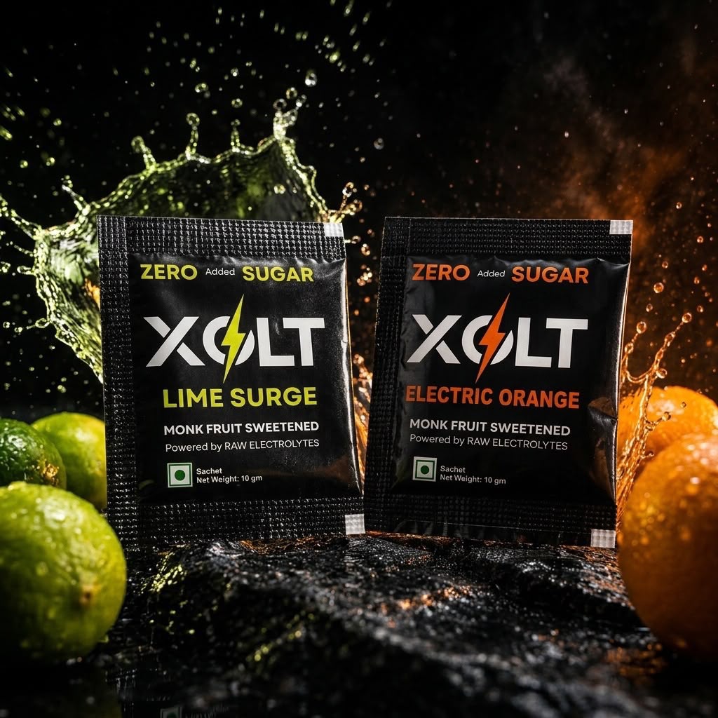 XOLT Lime Surge and Electric Orange 10 gm sachets with fresh limes and oranges
