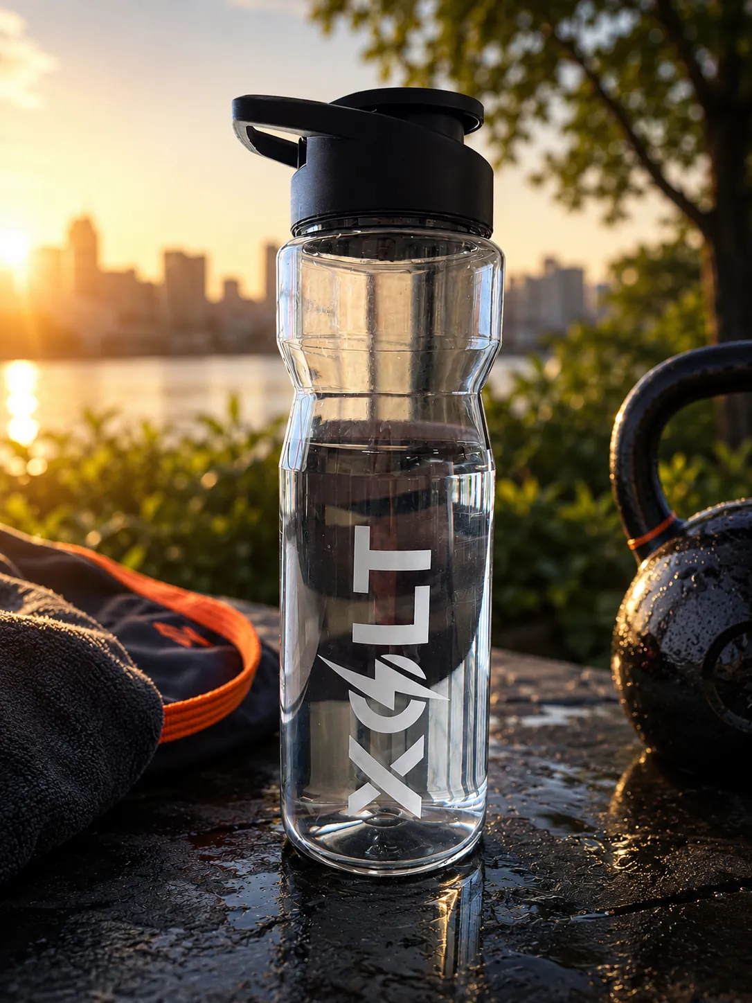 Transparent XOLT bottle filled with water beside gym kit
