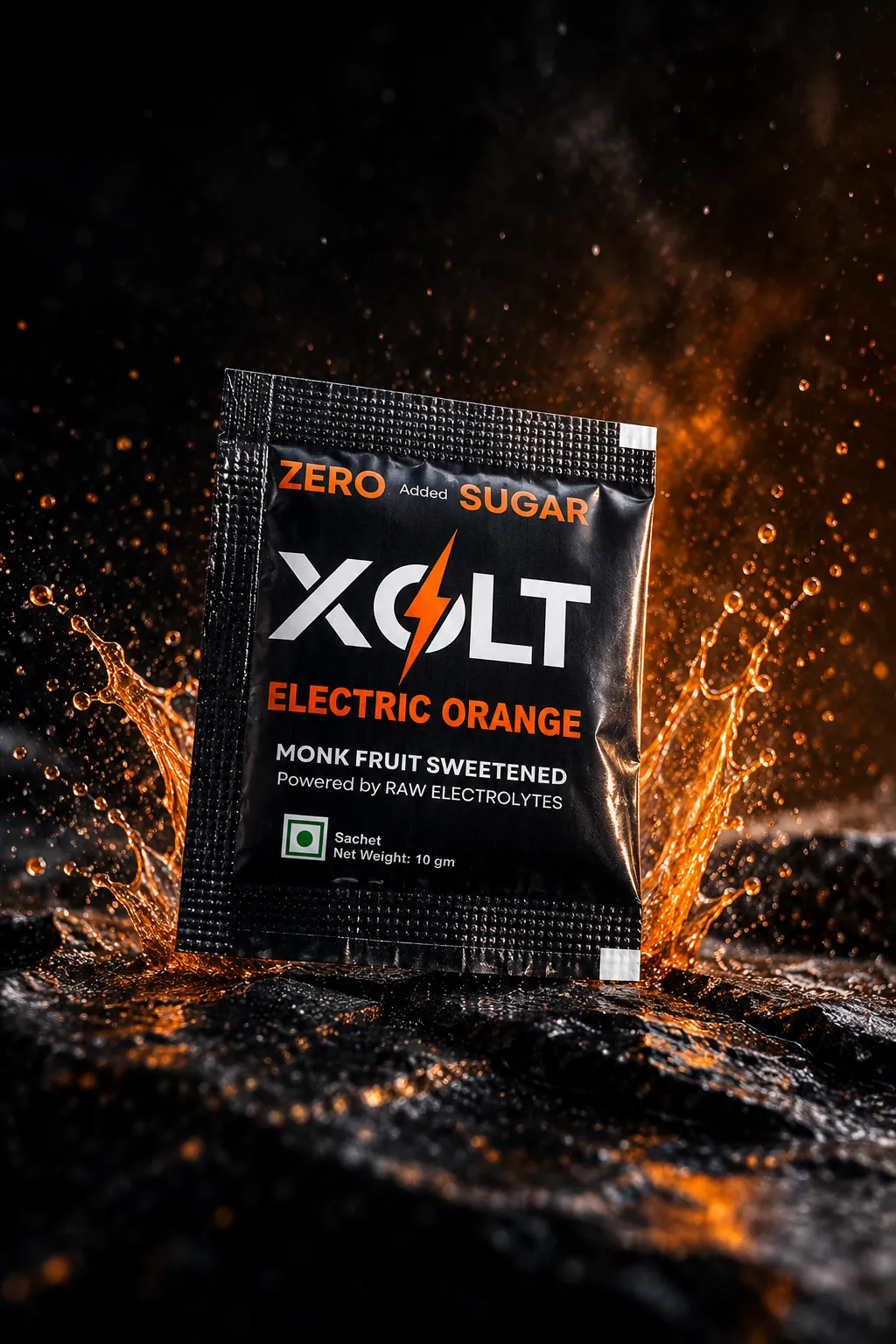XOLT Electric Orange 10 gm sachet — zero added sugar, monk fruit sweetened, powered by raw electrolytes