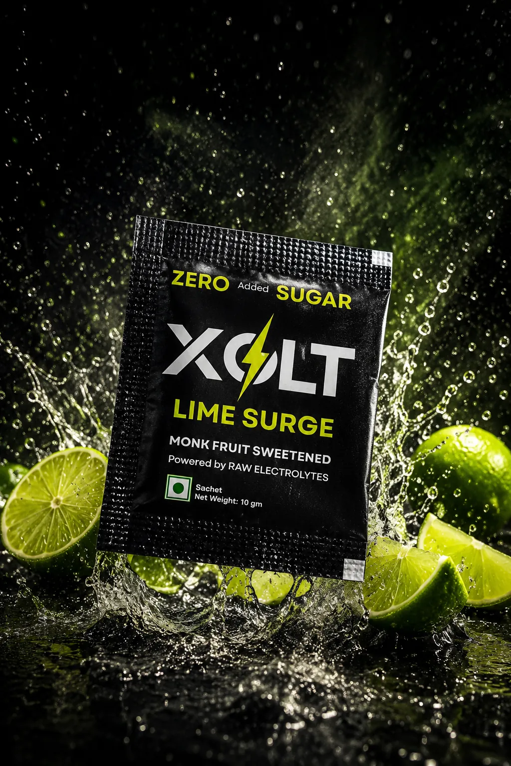 XOLT Lime Surge 10 gm sachet — zero added sugar, monk fruit sweetened, powered by raw electrolytes
