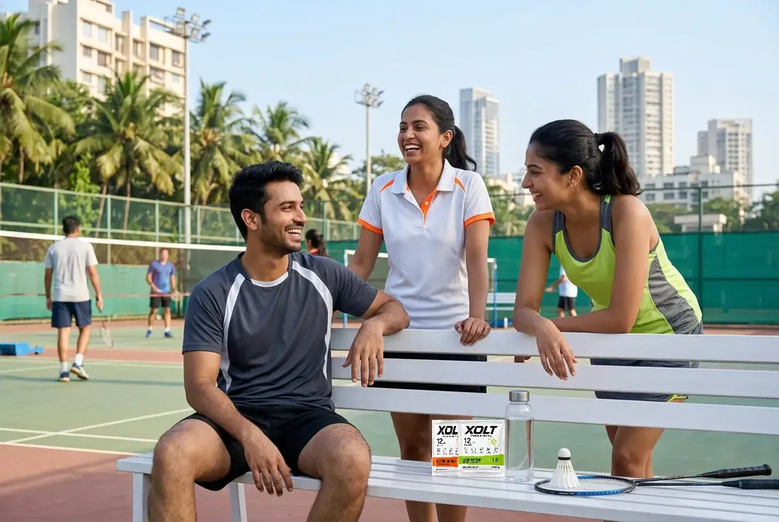 Indian friends taking a break with XOLT at a neighbourhood badminton court