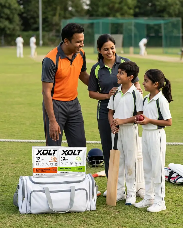 An Indian family at a cricket ground with Electric Orange and Lime Surge sachets